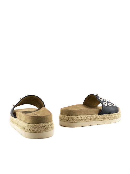 1666B-H61 Δερμάτινα Γυναικεία Σανδάλια Flatforms Μαύρα