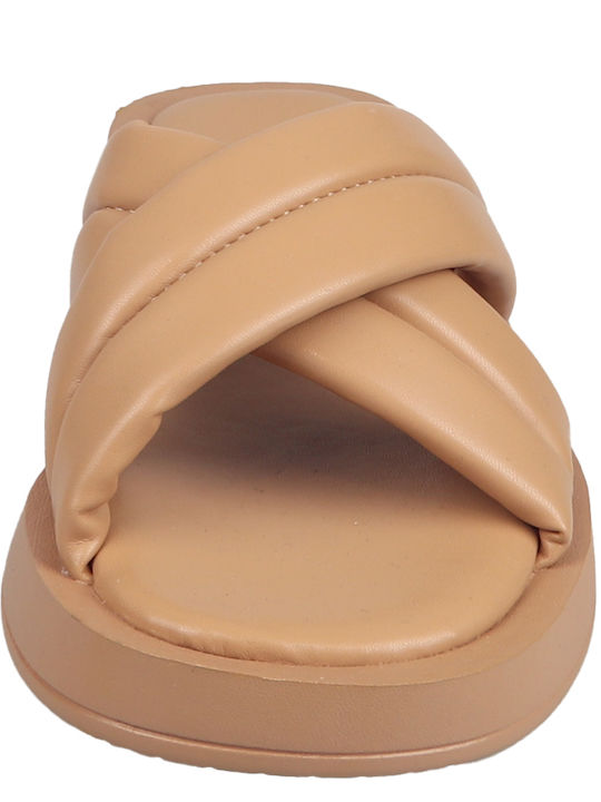 Leather Women's Flat Sandals Flatforms in Beige Color