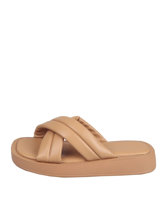 Leather Women's Flat Sandals Flatforms in Beige Color