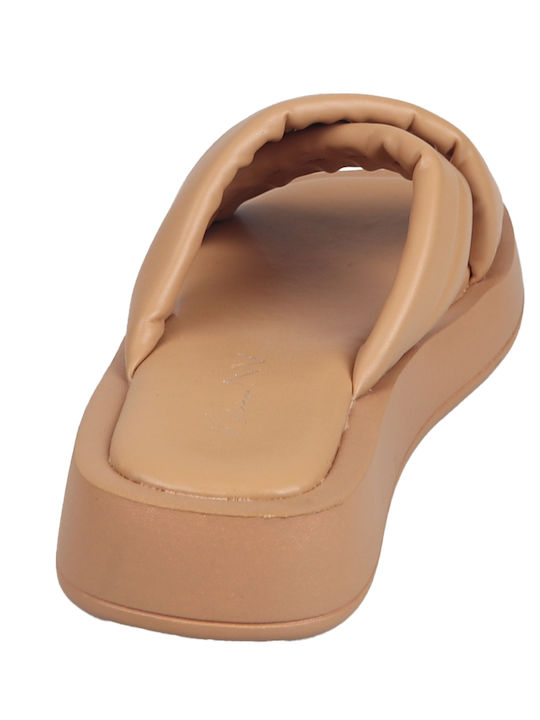 Leather Women's Flat Sandals Flatforms in Beige Color
