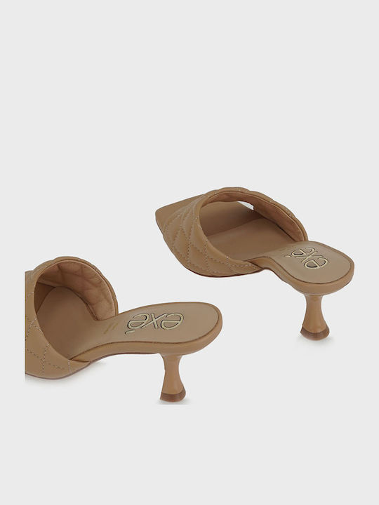 Leather Mules with Thin High Heel in Tabac Brown Color