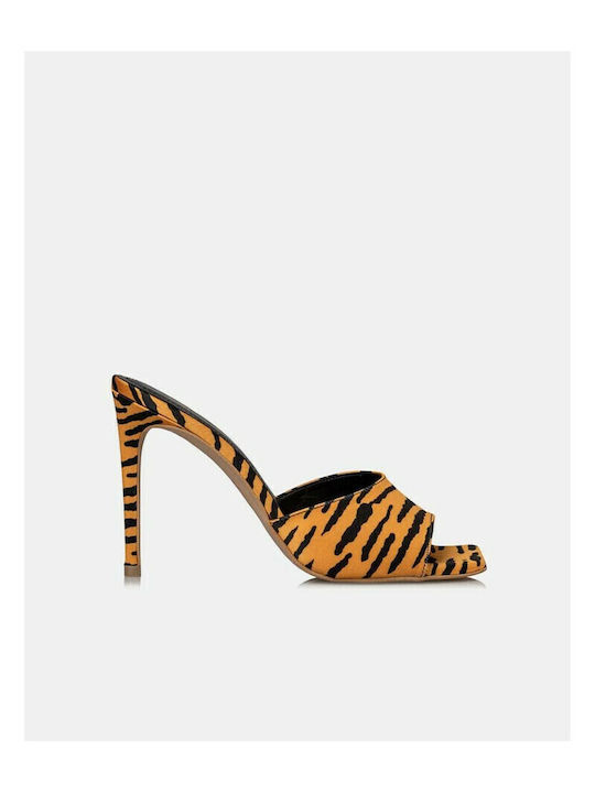 Satin Mules mit Dünn Hoch Absatz Tiger