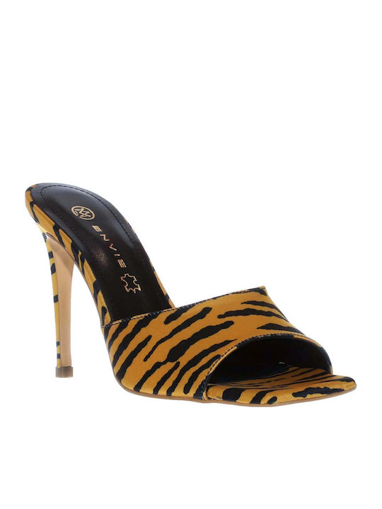 Satin Mules mit Dünn Hoch Absatz Tiger