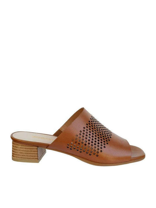 Leather Mules with Chunky Low Heel in Tabac Brown Color