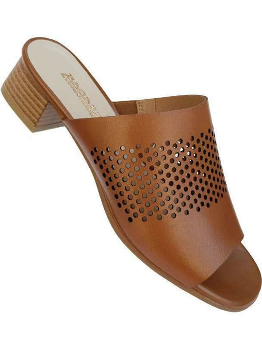 Leather Mules with Chunky Low Heel in Tabac Brown Color