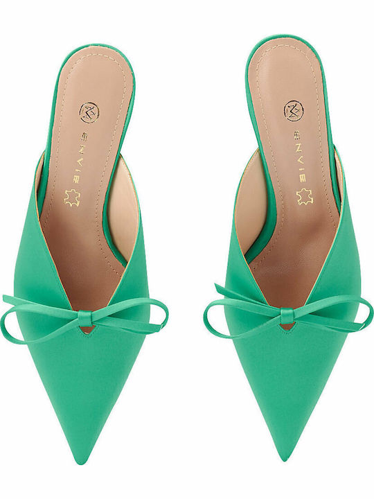 Satin Mules with Thin Low Heel in Green Color