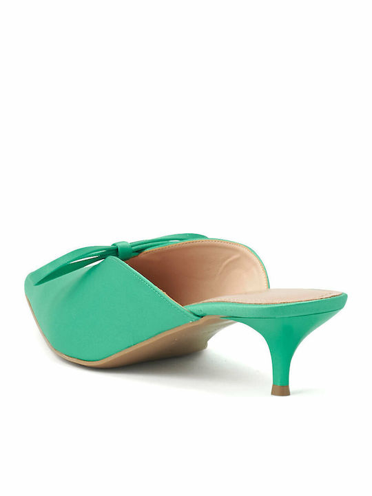 Satin Mules with Thin Low Heel in Green Color