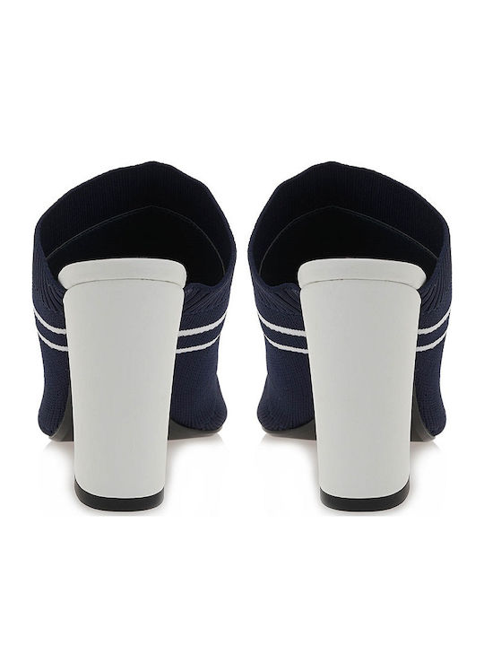 Leather Mules with Chunky High Heel in Navy Blue Color