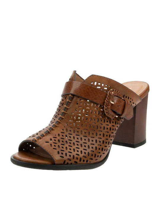 Mules with Chunky High Heel in Brown Color