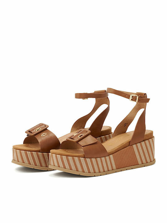 Women's Leather Ankle Strap Platforms Tabac Brown 2-28513-26 380