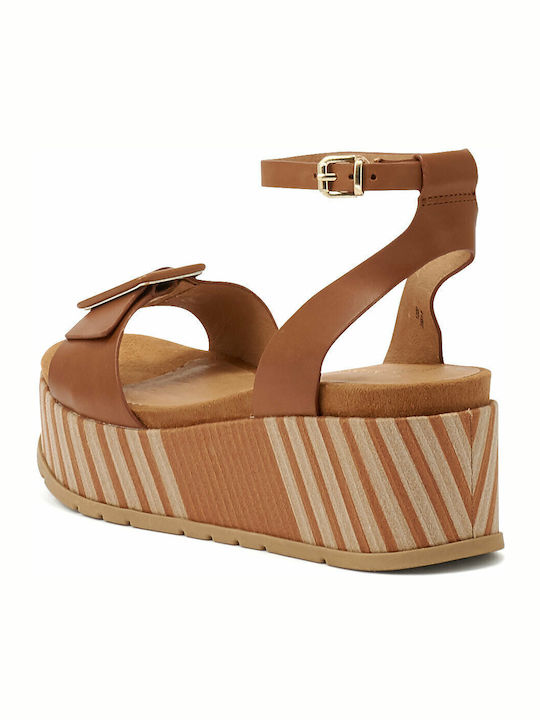 Women's Leather Ankle Strap Platforms Tabac Brown 2-28513-26 380