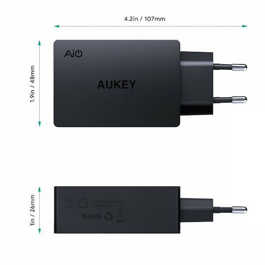 Aukey Φορτιστής Χωρίς Καλώδιο με 3 Θύρες USB-A 42W Quick Charge 3.0 Μαύρος (PA-T14)
