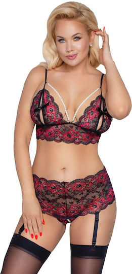 Cottelli Collection Секси комплект сутиен с перли с дантела и жартиери червен