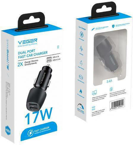 Veger Car Charger 17W 2A Fast Charging with Ports: 2xUSB Black Color