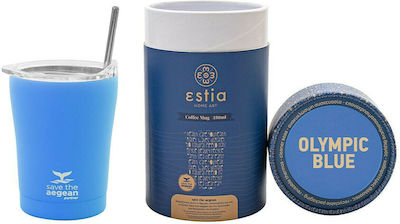 Estia Coffee Mug Save The Aegean Glass Thermos Stainless Steel BPA Free Olympic Blue 350ml with Straw