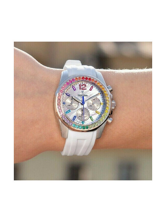 Festina Boyfriend Rainbow Watch Chronograph with White Rubber Strap