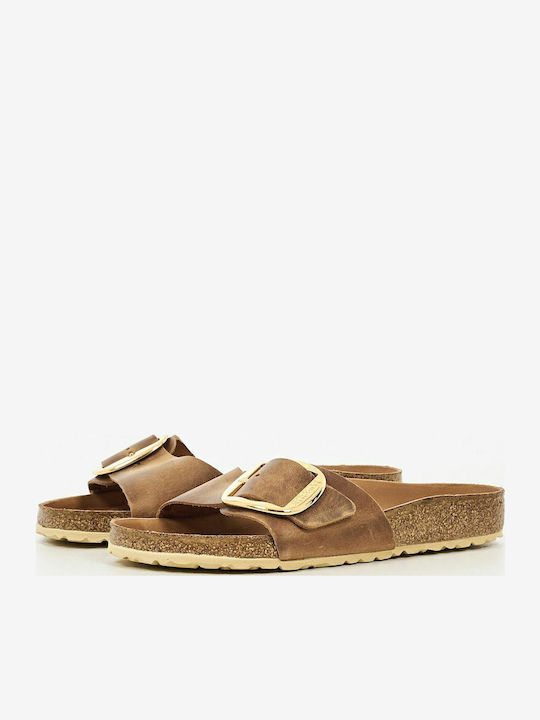Madrid Big Buckle Oiled Leather Women's Flat Sandals Tabac Brown Narrow Fit