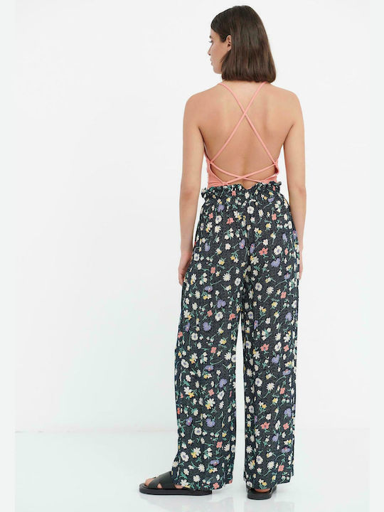 Funky Buddha Damen Hochtailliert Stoff Palazzo-Hose mit Gummizug in Normaler Passform Blumen Marineblau