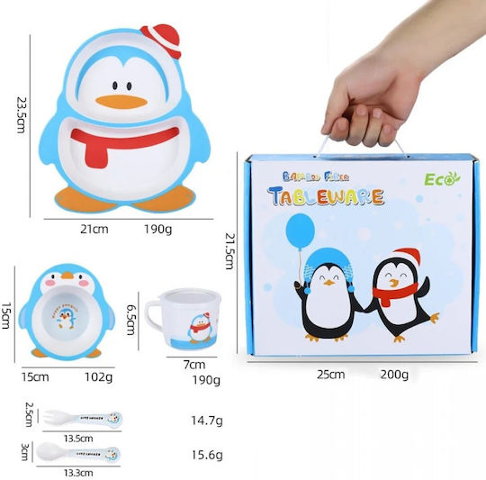 Fiko Feeding Set Penguin made of Bamboo Light Blue 5pcs