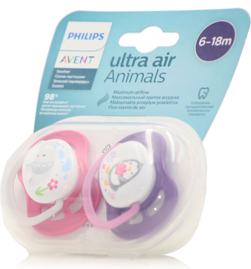 Philips Ultra Air Orthodontic Pacifiers Silicone with Case Elephant - Penguin - Pink-Purple for 6-18 months 2pcs