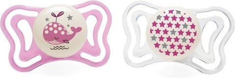 Chicco Physio Forma Light Ορθοδοντικές Πιπίλες Σιλικόνης Νυκτός με Θήκη Whale - Pink-White για 2-6 μηνών 2τμχ