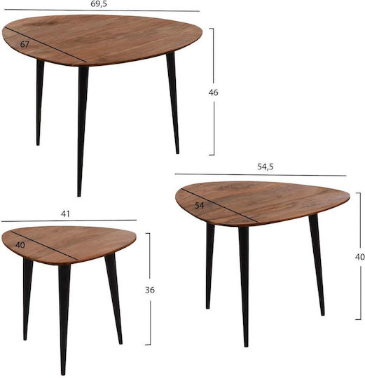 Οβάλ Σετ Ζιγκόν από Μασίφ Ξύλο Natural Wood Μαυρο Φυσικο 3τμχ Μ69.5xΠ67xΥ46εκ.