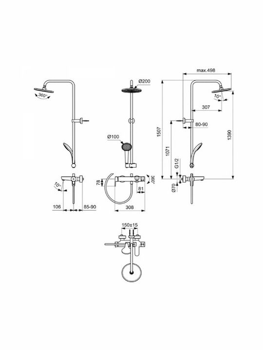Ideal Standard Cerafine O Στήλη Ντουζ με Μπαταρία 150.7cm Μαύρη