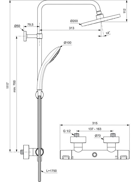 Ideal Standard Ceratherm T25 Shower Column with Bathtub Mixer 111.7cm Black