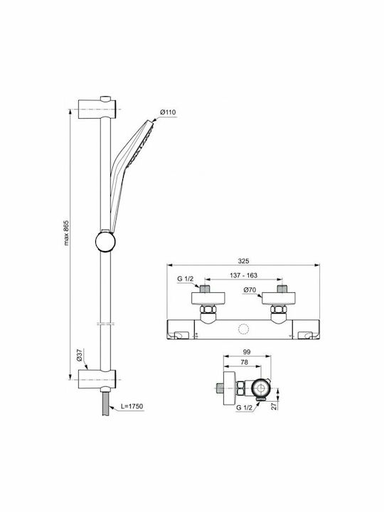 Ideal Standard Ceratherm Στήλη Ντουζ με Μπαταρία 86.5cm Ασημί