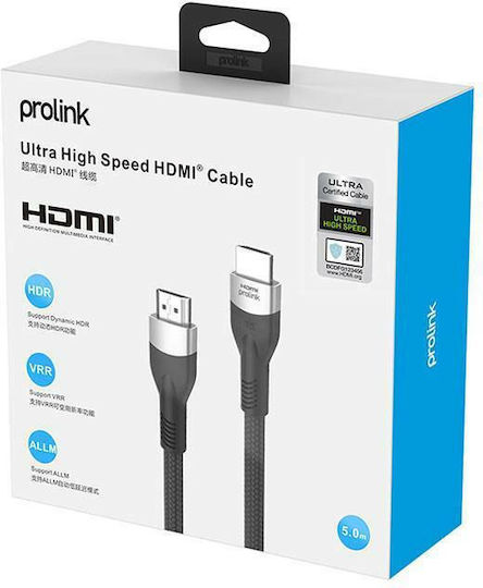Prolink Cabluri HDMI 2.1 Ultra High Speed 48Gbps 4K 120Hz HDR VRR Braided HDMI De Sex Masculin - HDMI De Sex Masculin 5m Negru