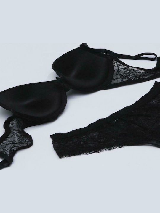 Norddiva Lingerie Dantelat Set de Lenjerie Sutien cu Șir de caractere Negru