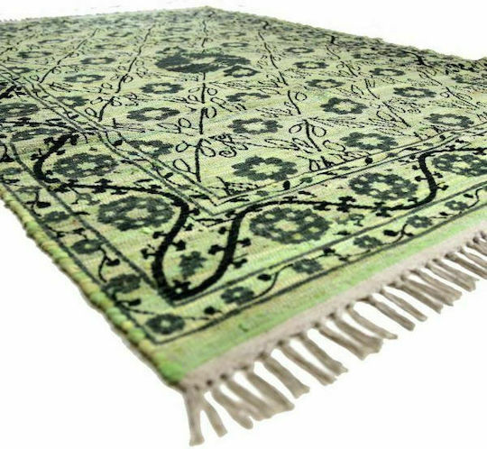 Synchronia Flowers Handmade Rug Rectangular Cotton with Fringes Green Flowers