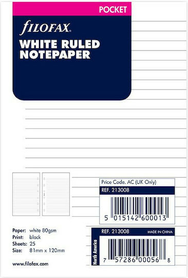 Filofax Pocket Replacement Sheets 25 White Ruled