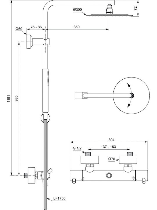 Ideal Standard Ceratherm T125 Στήλη Ντουζ με Μπαταρία 119.1cm Χρυσή