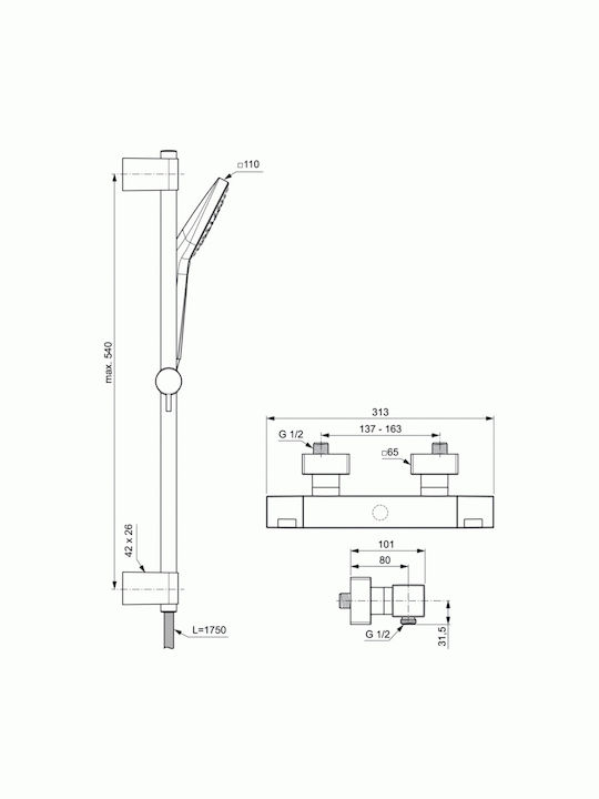 Ideal Standard Ceratherm C100 Στήλη Ντουζ με Μπαταρία 54cm Ασημί