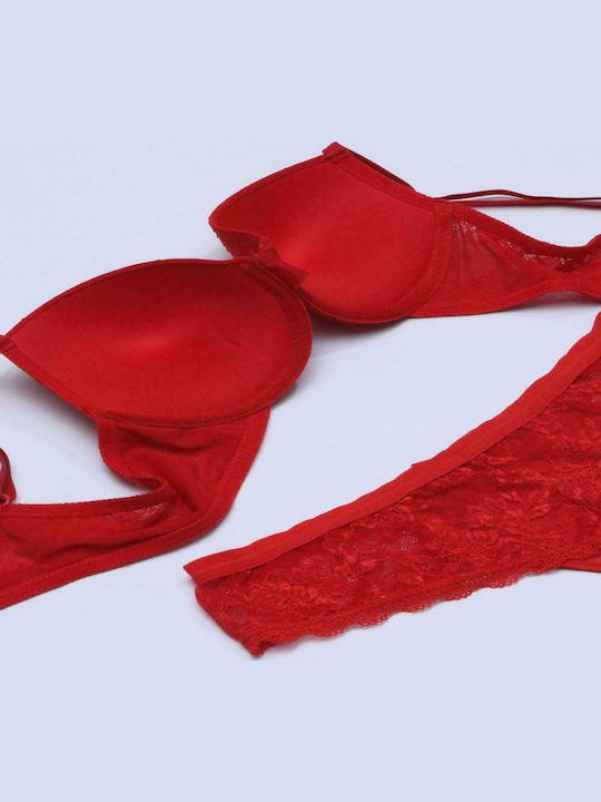 Norddiva Lingerie Δαντελένιο Σετ Εσωρούχων Σουτιέν με String Κόκκινο