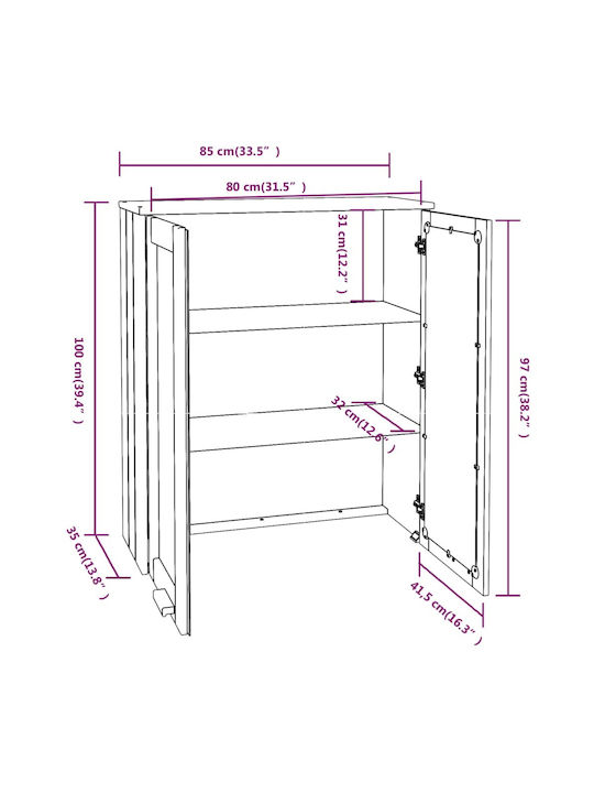 Wall Living Room Display Cabinet made of Solid Wood with Glass Honey Brown 85x35x100cm