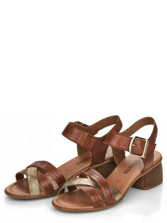 Remonte Anatomic Leather Women's Sandals with Ankle Strap Brown with Chunky Medium Heel