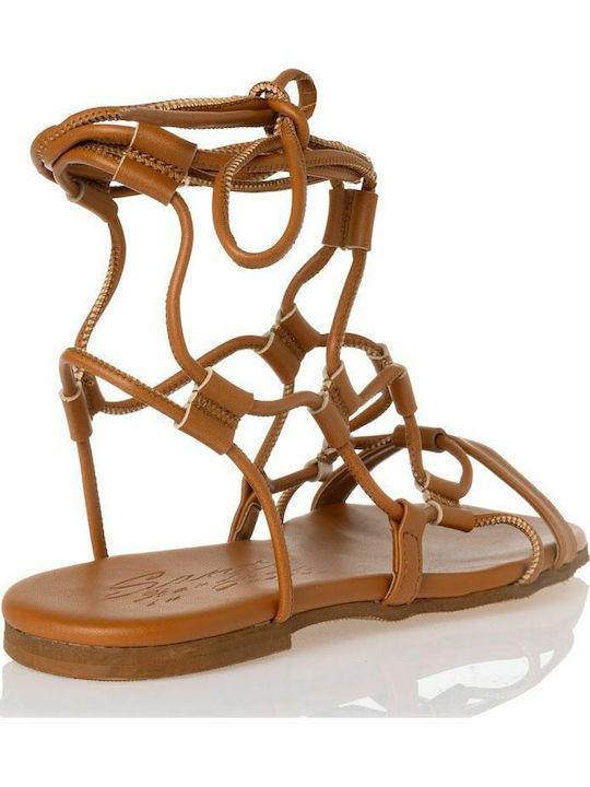 Leather Women's Flat Sandals in Tabac Brown Color