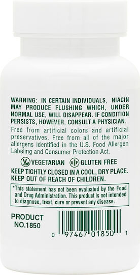 Nature's Plus Niacin Βιταμίνη για την Υγεία του Νευρικού Συστήματος 100mg 90 ταμπλέτες