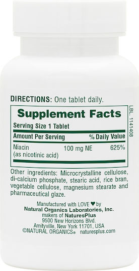 Nature's Plus Niacin Βιταμίνη για την Υγεία του Νευρικού Συστήματος 100mg 90 ταμπλέτες