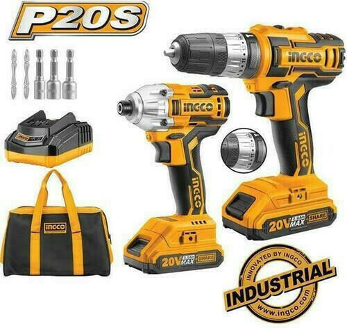 Ingco CKLI2006 Set Mașină de găurit & Șurubelniță cu impact Brushless 20V cu 2 baterii 2Ah și husă