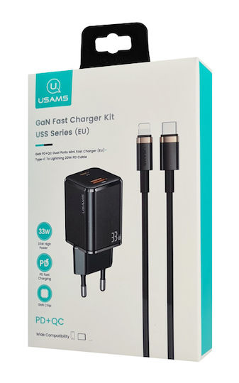 Usams Mobile Phone Charger with USB-A and USB-C Output Ports and USB-C - Lightning Cable 33W Power Delivery / Quick Charge 3.0 Black