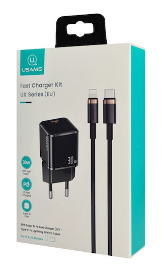 Usams Mobile Phone Charger with USB-C Port and USB-C - Lightning Cable 30W Power Delivery Black