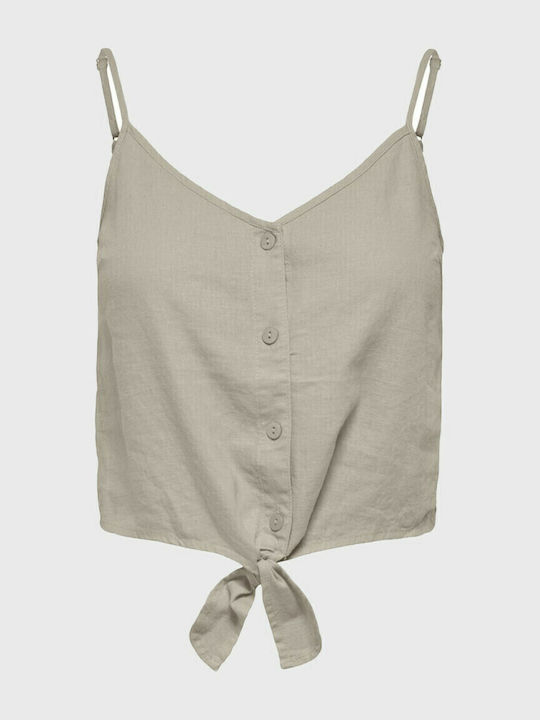 Damen Sommer Crop Top Leinen mit Trägern & V-Ausschnitt Silber