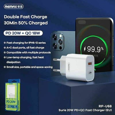 Remax Charger Without Cable with USB-A Port and USB-C Port 20W Power Delivery White (RP-U68)