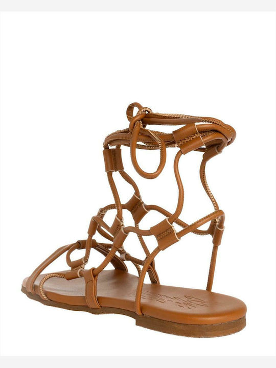 Leather Women's Flat Sandals in Tabac Brown Color