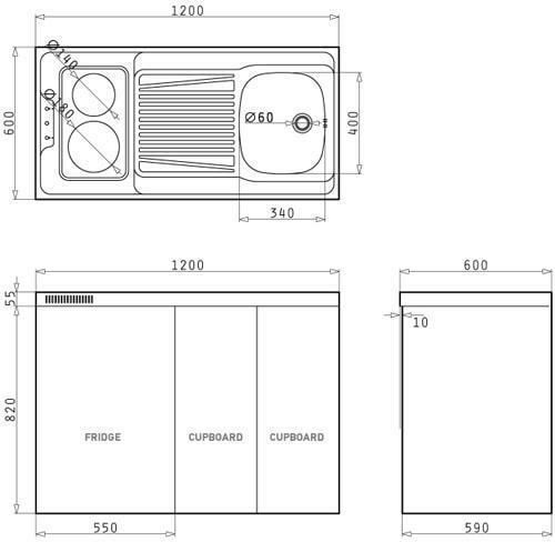 Pyramis MK 325 Πολυκουζινάκι με Δεξιά Γούρνα 120x60x82cm Λευκό