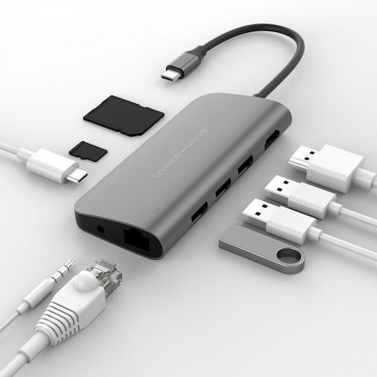 Hyper HyperDrive POWER 9-in-1 USB-C Docking Station με HDMI 4K PD Γκρι