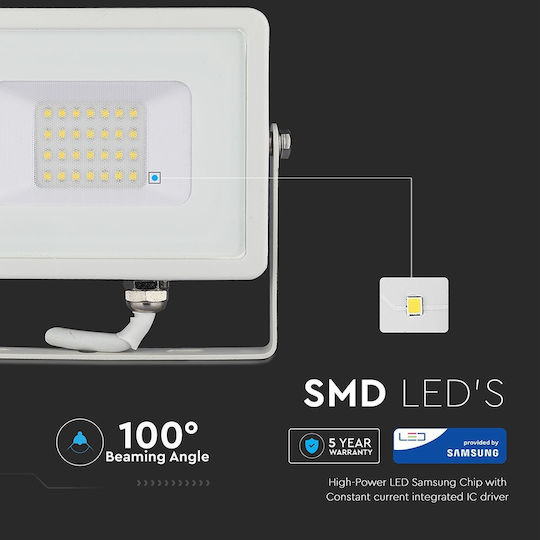 V-TAC Στεγανός Προβολέας LED 20W Θερμό Λευκό 3000K IP65